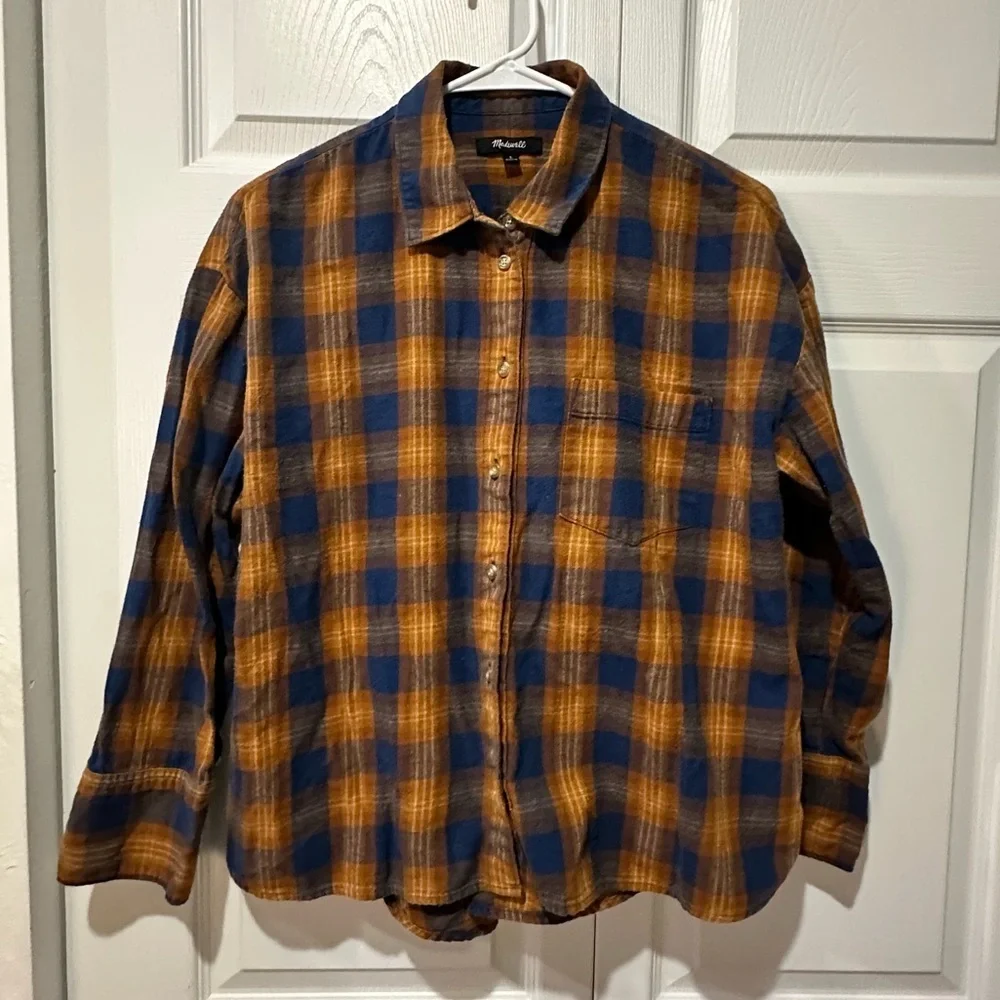 Madewell Blue Gold Ardan Plaid Westward Flannel Button Down Shirt Size L EUC - Picture 2 of 6